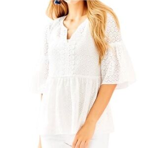 Lilly Pulitzer Inez White Diamond Geo Crochet Eyelet Lace Peplum Blouse - S